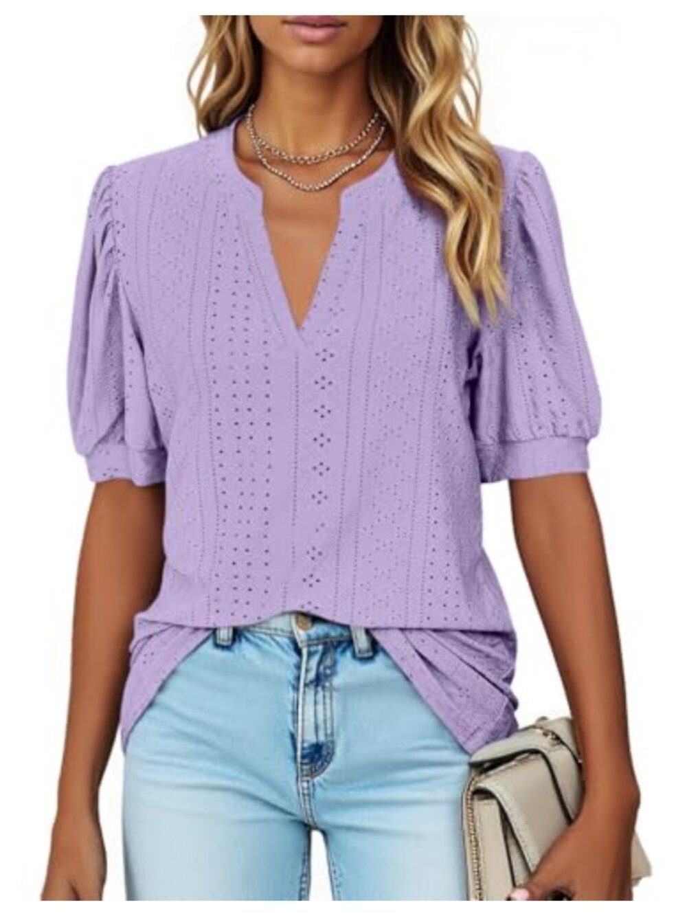 Womens V Neck Puff Short Sleeve Tunic Top Pointelle Summer Blouse